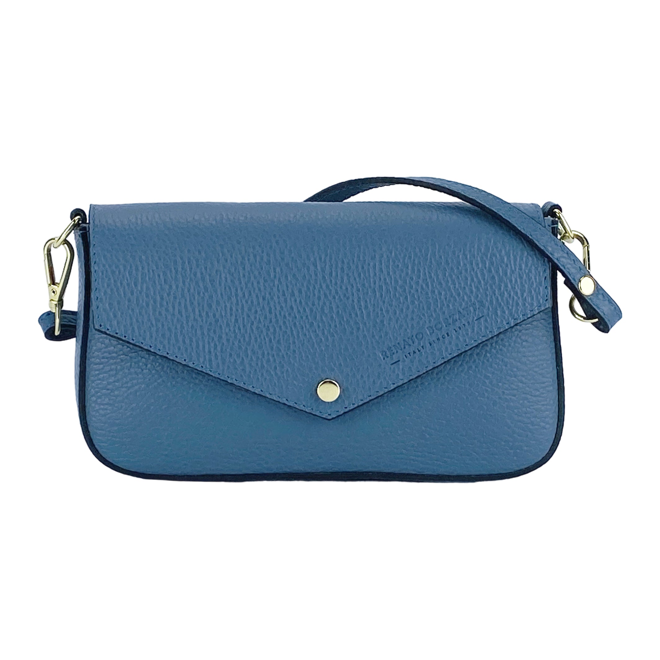 RB1023P | Small Shoulder Bag with Removable Chain Strap in Genuine Leather Made in Italy. Flap Closure. Shiny Gold metal hardware - Avio color - Dimensions: 22 x 12 x 3 cm.