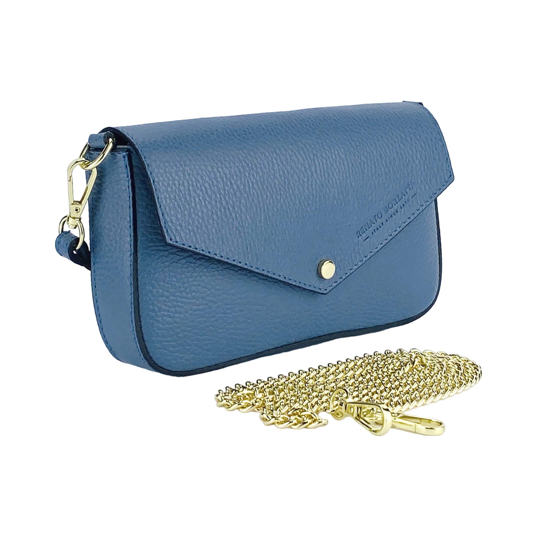 RB1023P | Small Shoulder Bag with Removable Chain Strap in Genuine Leather Made in Italy. Flap Closure. Shiny Gold metal hardware - Avio color - Dimensions: 22 x 12 x 3 cm.