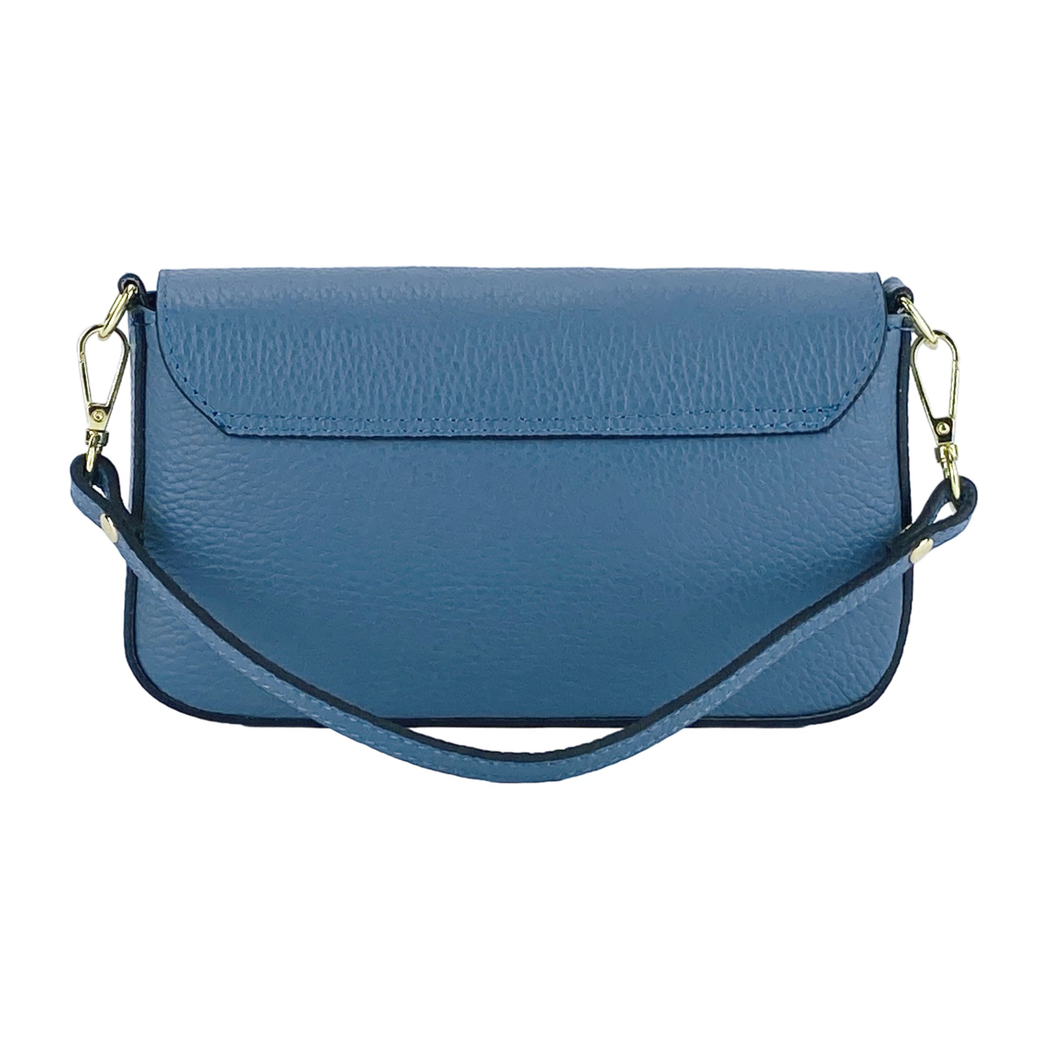 RB1023P | Small Shoulder Bag with Removable Chain Strap in Genuine Leather Made in Italy. Flap Closure. Shiny Gold metal hardware - Avio color - Dimensions: 22 x 12 x 3 cm.