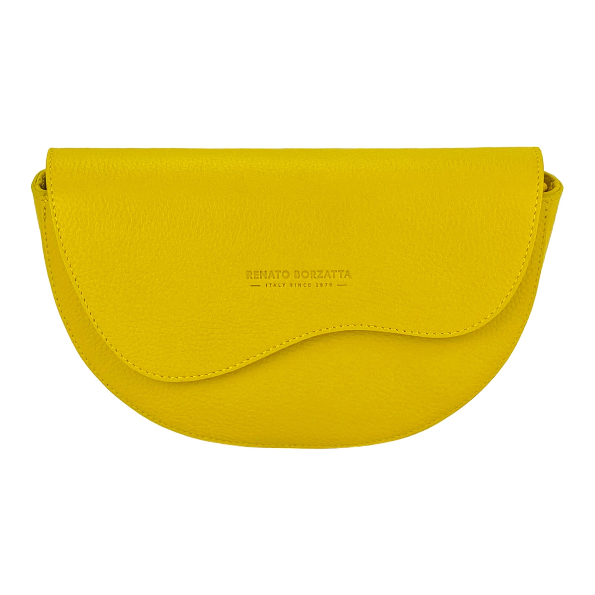 RB1027R | Women's Rounded Bandolier Bag in Genuine Leather Made in Italy. Removable and adjustable leather shoulder strap. Polished Nickel hardware - Yellow color - Dimensions: 25 x 15 x 9 cm.-1