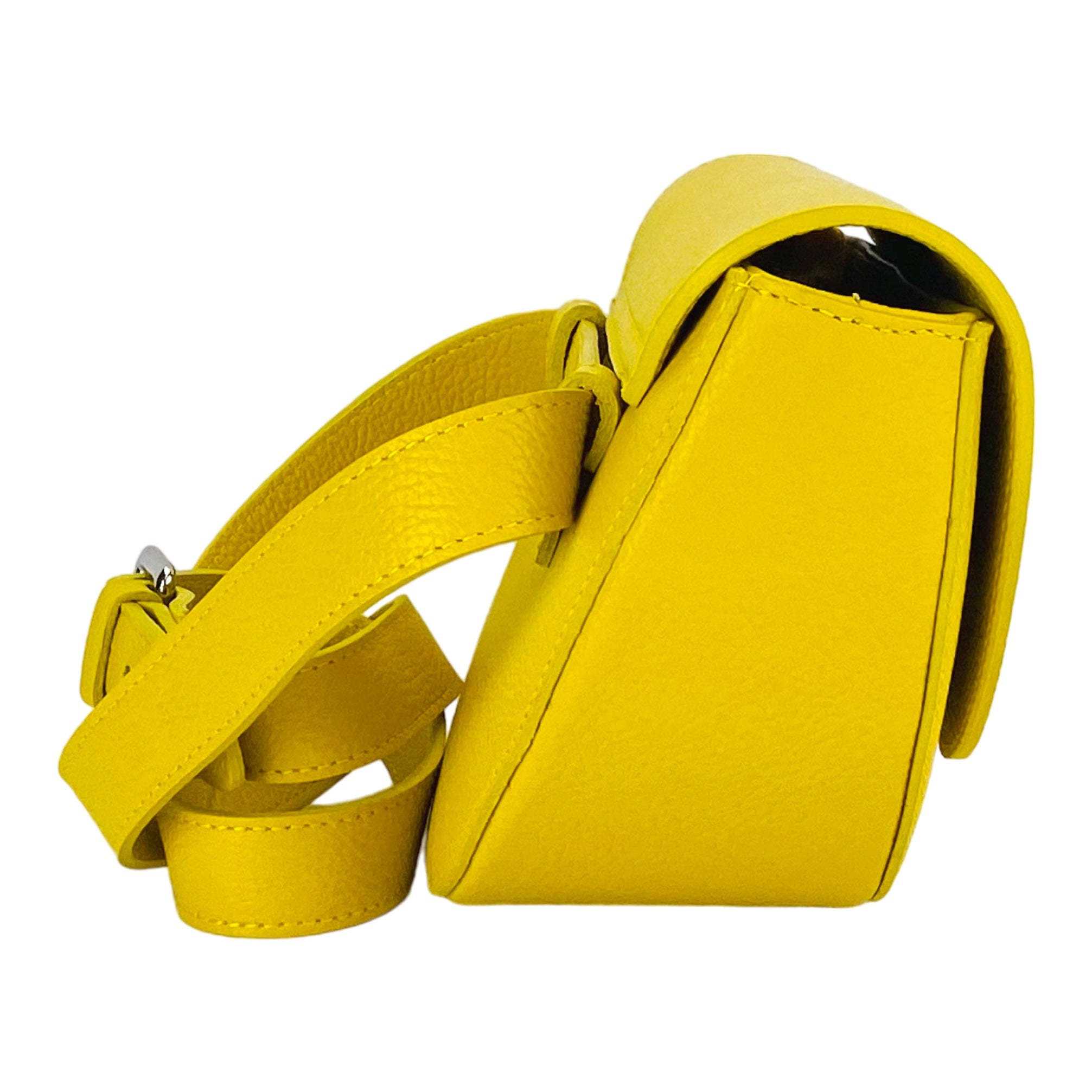 RB1027R | Women's Rounded Bandolier Bag in Genuine Leather Made in Italy. Removable and adjustable leather shoulder strap. Polished Nickel hardware - Yellow color - Dimensions: 25 x 15 x 9 cm.-4