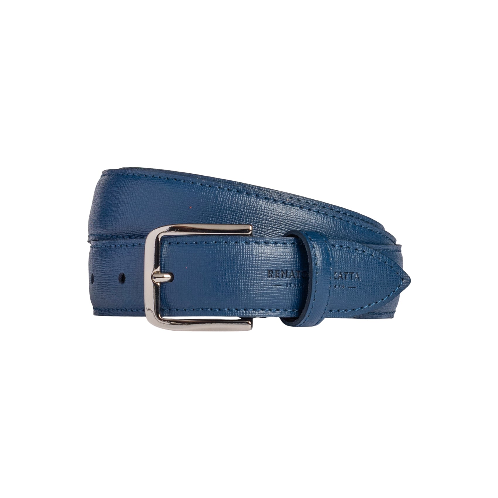RB4017D | Women's Belt Made in Italy in Genuine Saffiano Leather. Polished Silver Buckle. Color: Blue. Dimensions: 115 x 3.0 x 0.5 cm (waistline 100 cm)-0