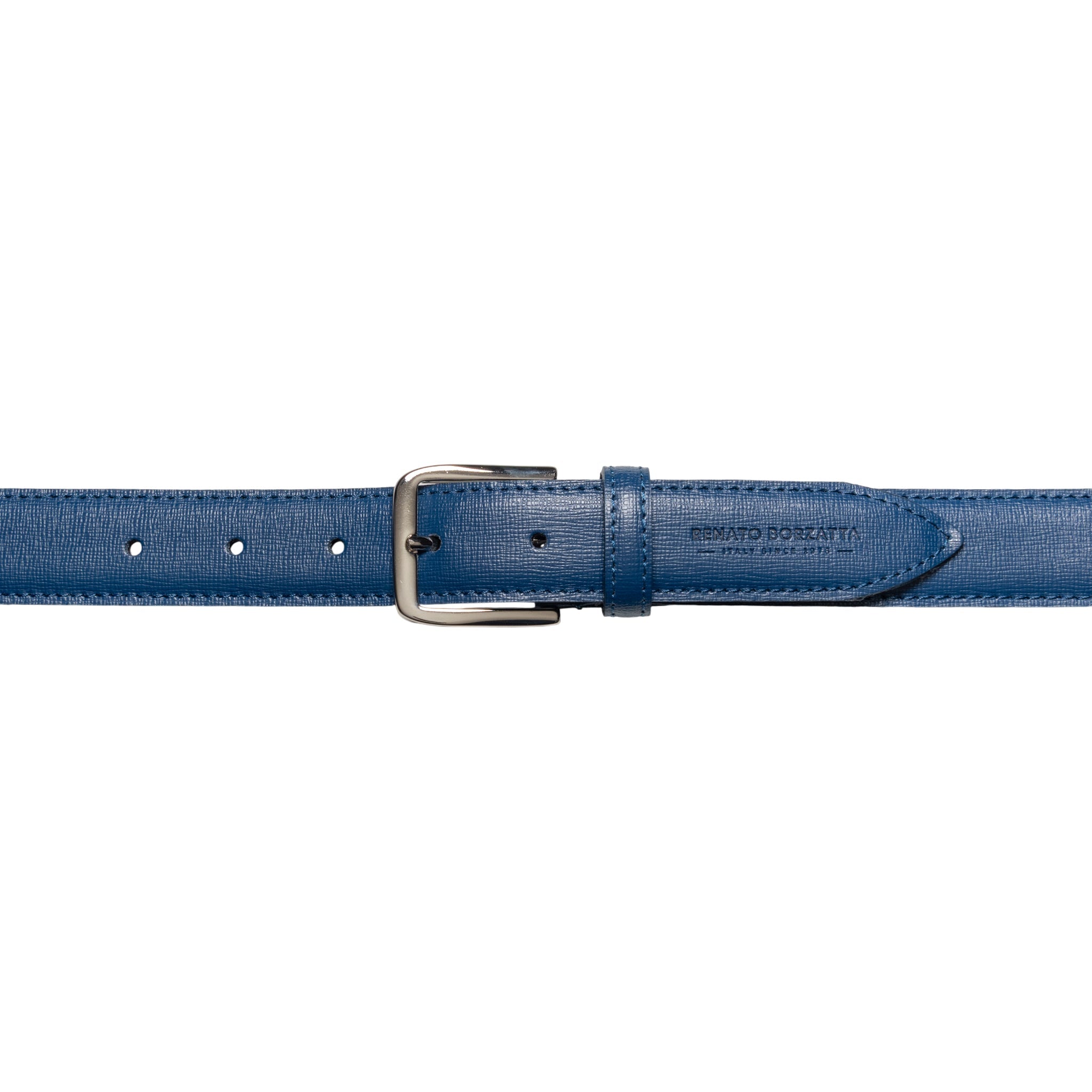 RB4017D | Women's Belt Made in Italy in Genuine Saffiano Leather. Polished Silver Buckle. Color: Blue. Dimensions: 115 x 3.0 x 0.5 cm (waistline 100 cm)-1