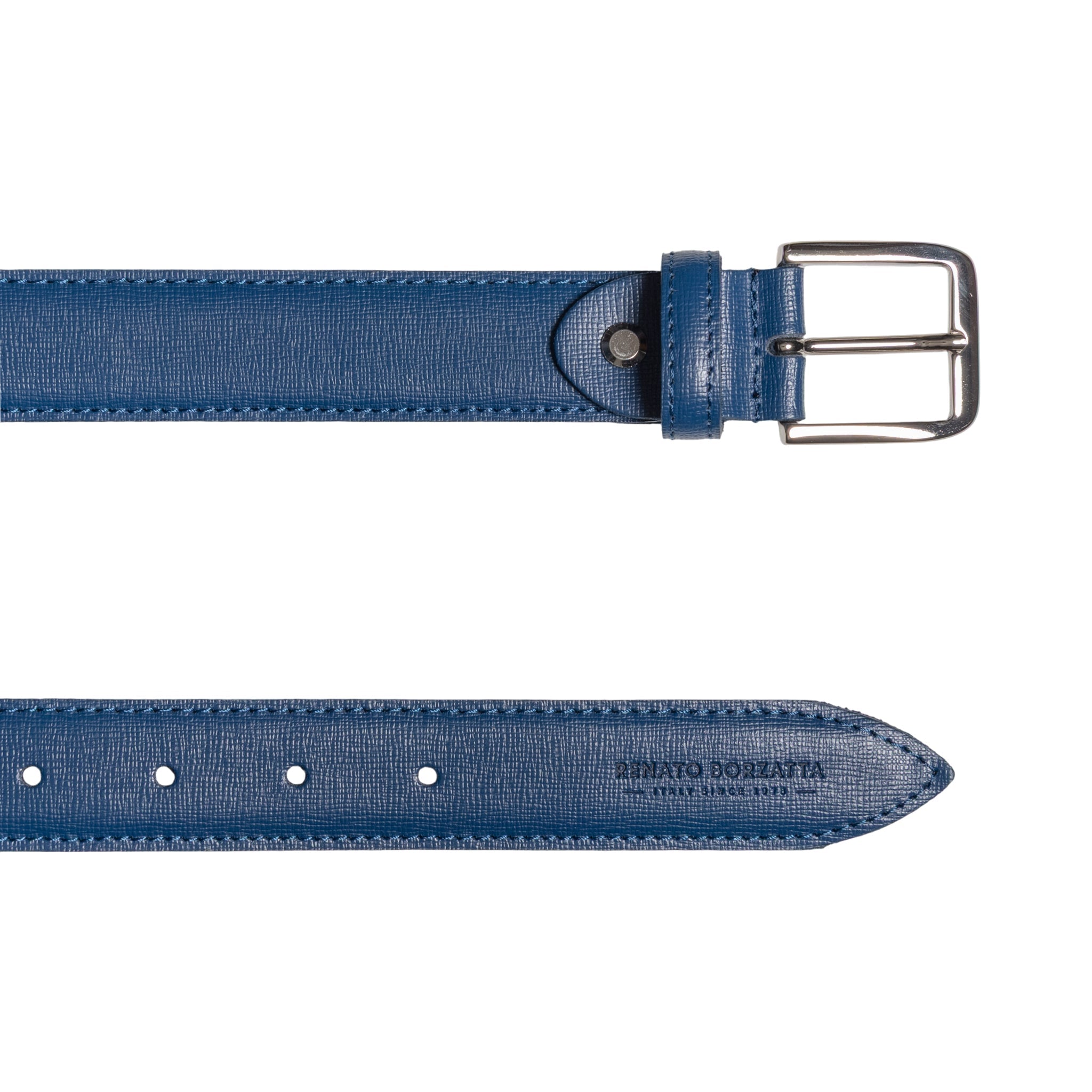 RB4017D | Women's Belt Made in Italy in Genuine Saffiano Leather. Polished Silver Buckle. Color: Blue. Dimensions: 115 x 3.0 x 0.5 cm (waistline 100 cm)-2