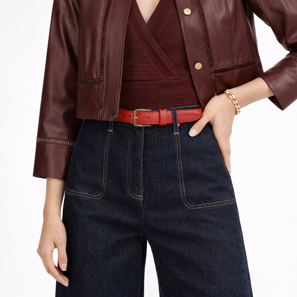 RB4023AM | Women's Belt Made in Italy in Genuine Dollar Grain Leather. Polished Gold Buckle. Paprika Color. Dimensions: 115 x 3.0 x 0.5 cm (waistline 100 cm)-3