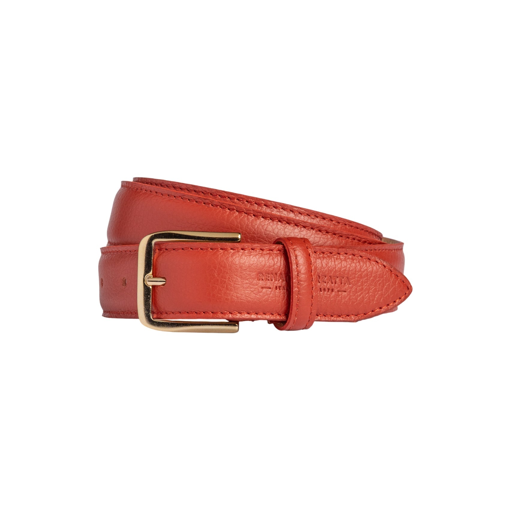 RB4023AM | Women's Belt Made in Italy in Genuine Dollar Grain Leather. Polished Gold Buckle. Paprika Color. Dimensions: 115 x 3.0 x 0.5 cm (waistline 100 cm)-0