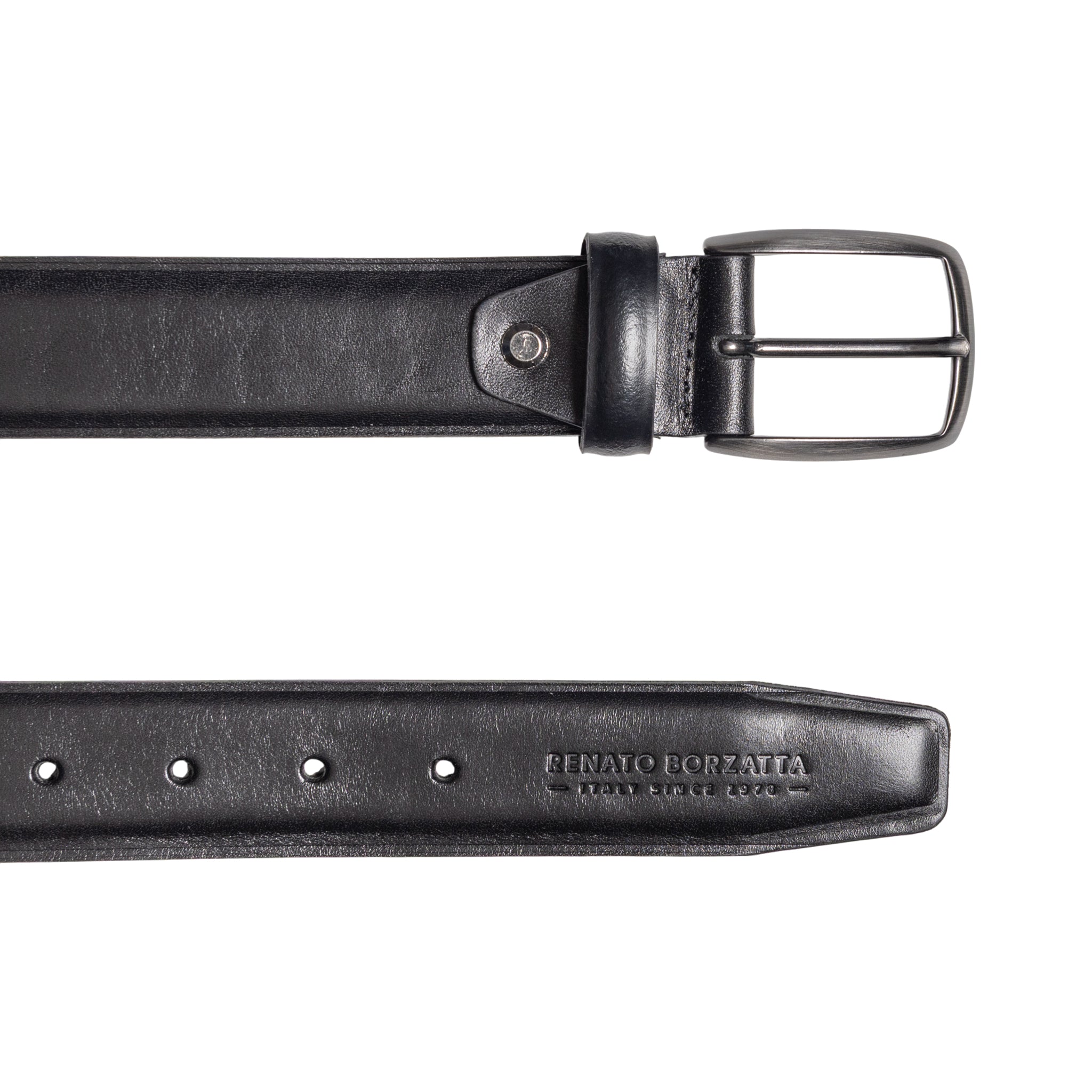 RB4025A | Cintura Uomo Made in Italy in Vero Cuoio Conciato al Vegetale. Fibbia in finitura Canna di Fucile Satinato. Colore Nero. Dimensioni: cm 125 x 3,5 x 0,5 (giro vita cm 110)-2