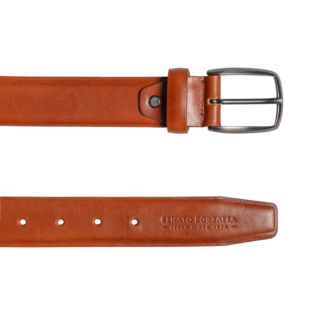 RB4025S | Men's Belt Made in Italy in Genuine Vegetable-Tanned Leather. Buckle in Satin Gunmetal finish. Cognac Color. Dimensions: 125 x 3.5 x 0.5 cm (waist size 110 cm)