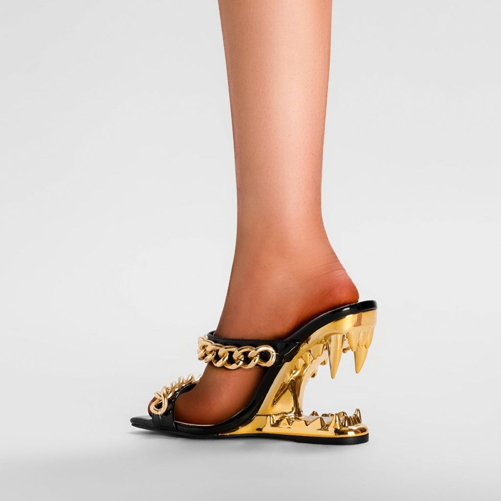 Double Gold Chain Open Toe Bite Heel Mules