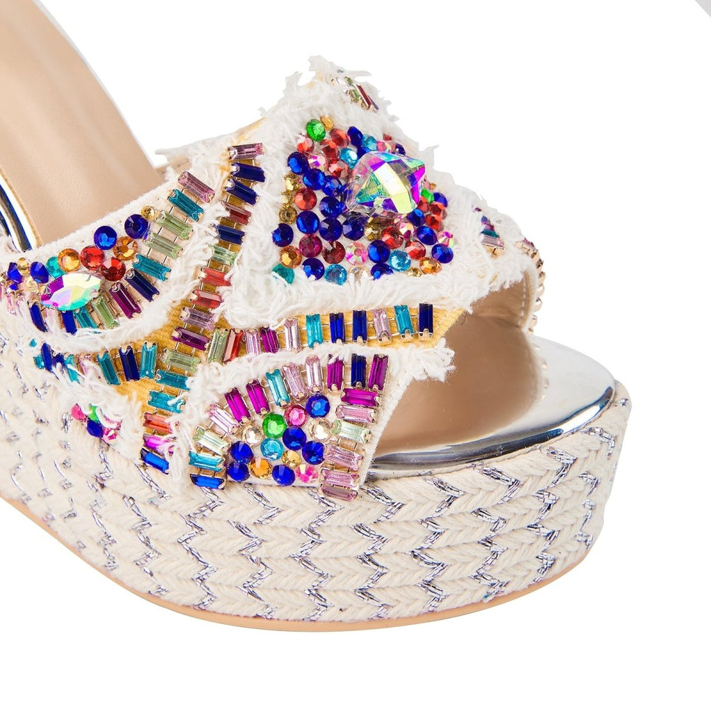 Girly Rhinestone Encrusted White Bohemian Wedges