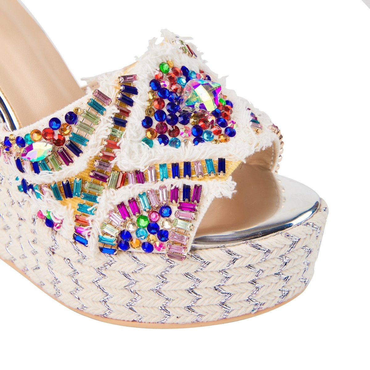 Girly Rhinestone Encrusted White Bohemian Wedges