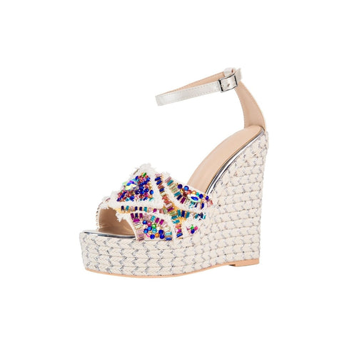 Girly Rhinestone Encrusted White Bohemian Wedges