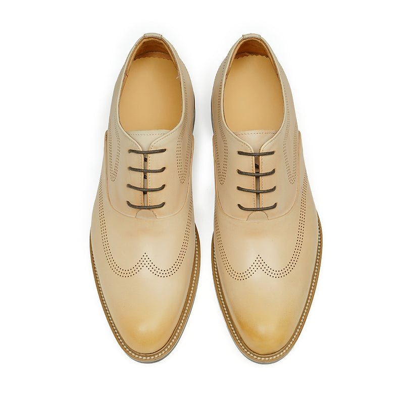 Hand-Finished Beige Calfskin Wingtip Oxford Shoes for Men