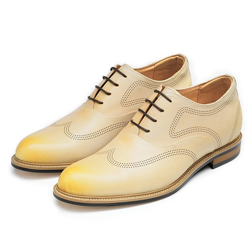 Hand-Finished Beige Calfskin Wingtip Oxford Shoes for Men