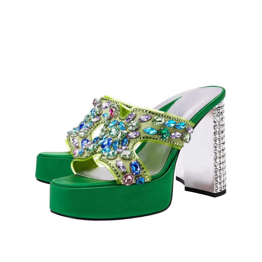 Open Toe Mules With Gem Embellished Criss Cross Straps